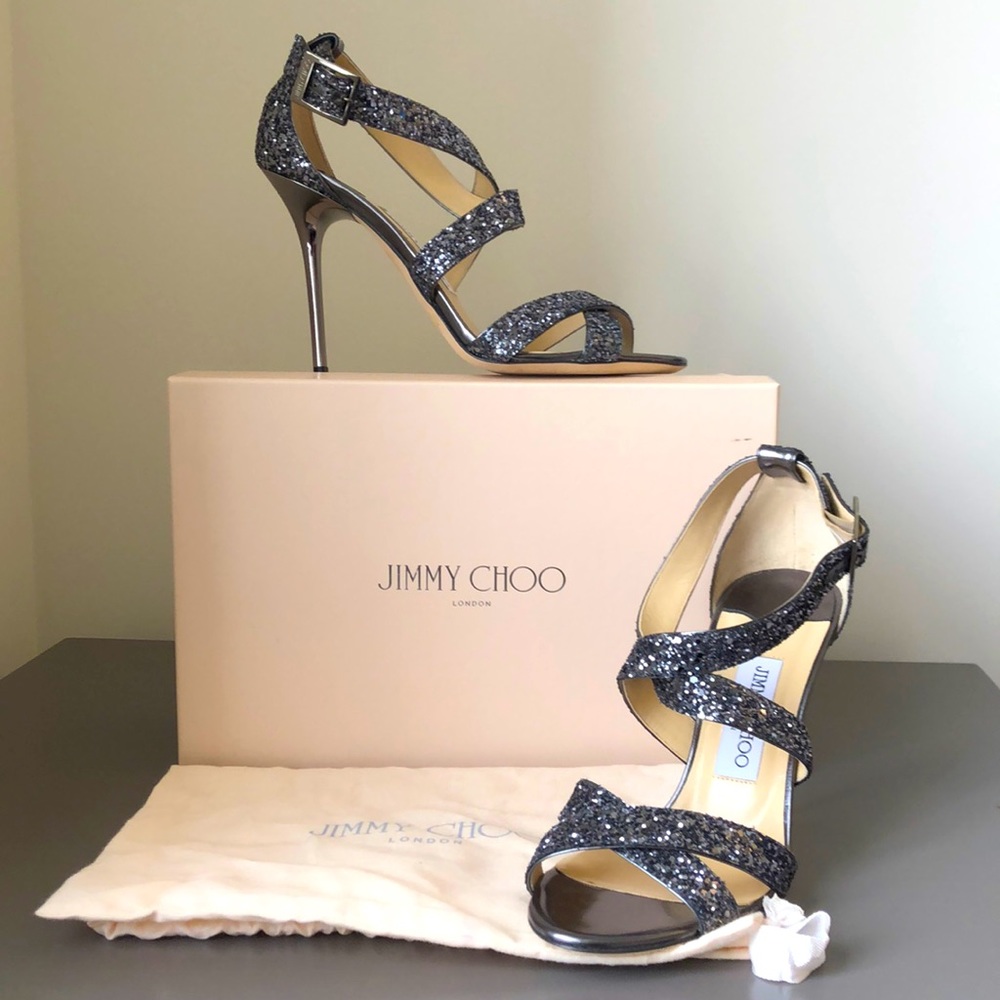 Jimmy Choo Gunmetal Glitter Strappy Heels